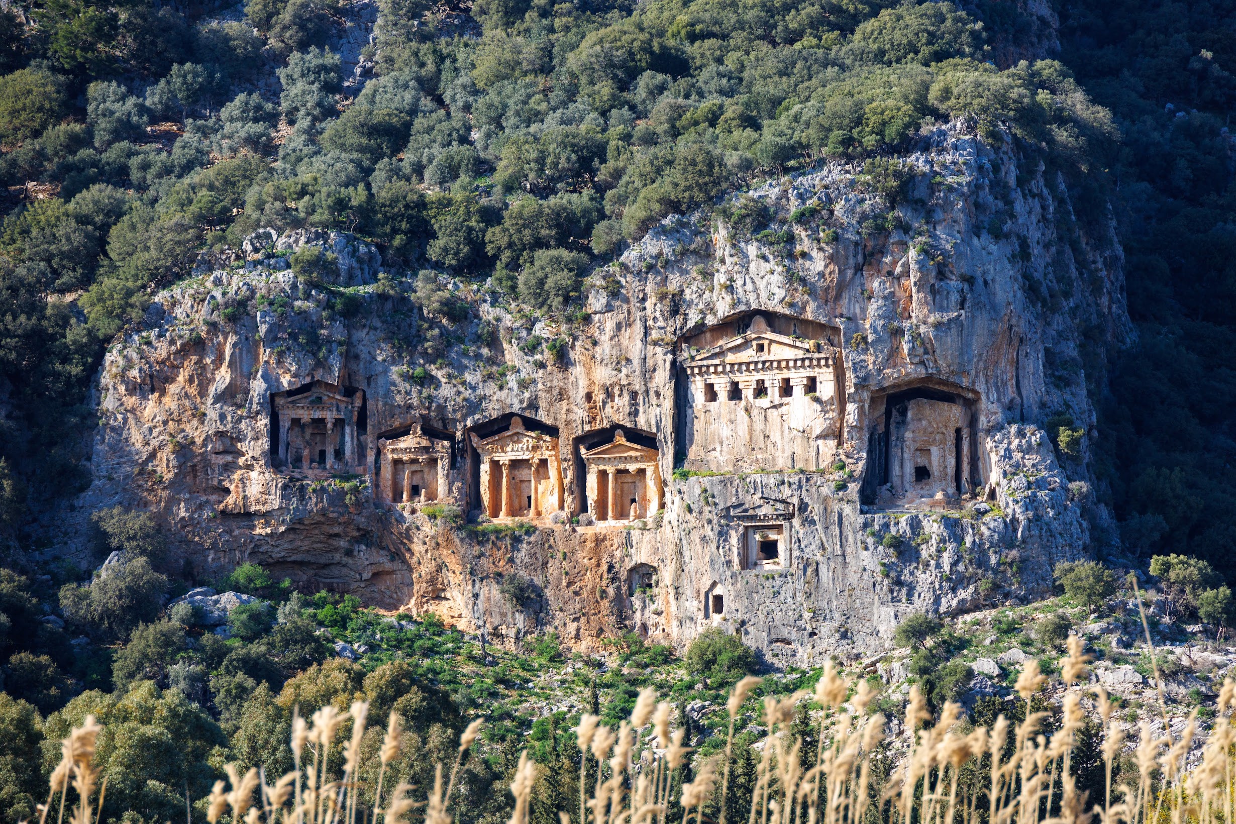 Tombeaux à façades de temple taillés dans une falaise rocheuse entourée de végétation dense